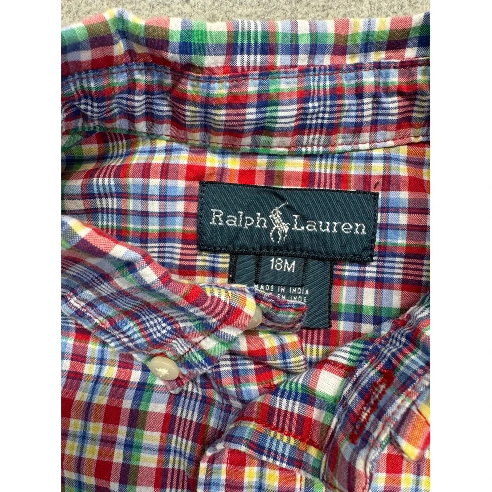 Ralph Lauren Baby Boy 18M Plaid Button Front Shirt Short Sleeve Pony Logo Cotton